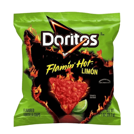 Doritos Flamin Hot Limon Flavored Tortilla Chips by Vegas Party Favors offer a bold taste with vivid green and fiery red packaging, featuring a spicy chip and lime slice image. Net weight is 1 oz (28.3 grams).