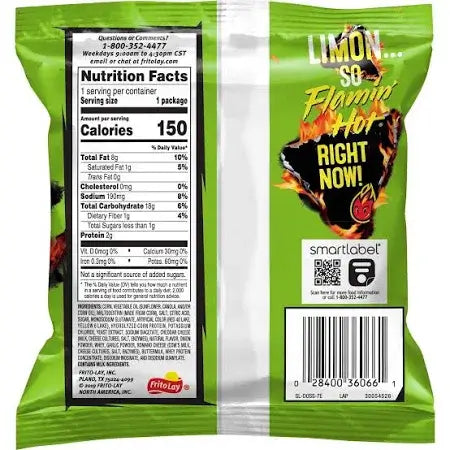 The snack bag for Doritos Flamin Hot Limon Flavored Tortilla Chips (1 oz) by Vegas Party Favors shows nutrition facts and ingredients, featuring flames and the slogan Limon... So Flamin Hot Right Now! A barcode is at the bottom right with a smartlabel logo, promising a bold experience.