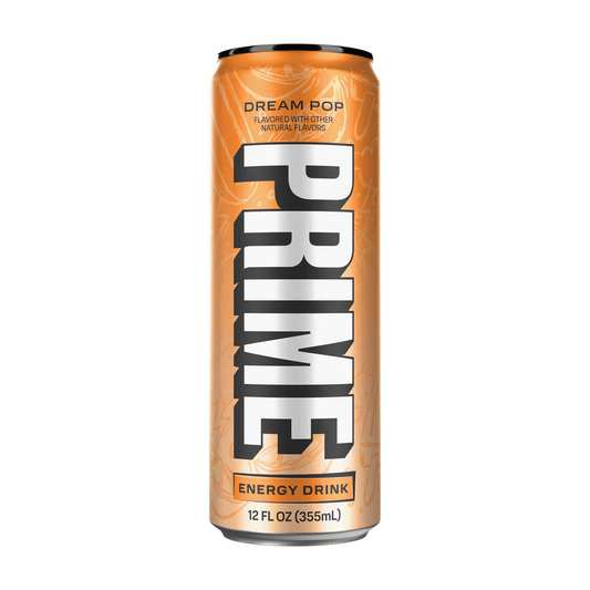 A 12 fl oz can of Prime Energy by Vegas Party Favors features a bright orange Dream Pop design with bold white vertical PRIME text. It contains 200mg caffeine, zero sugar, natural flavors, and electrolytes for an energizing boost.