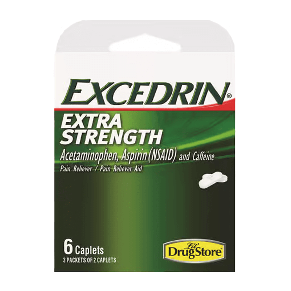 Image of Vegas Party Favors Excedrin Extra Strength box with 6 caplets for effective migraine relief, featuring acetaminophen, aspirin (NSAID), and caffeine. The brand logo and Pain Reliever/Pain Reliever Aid are prominently displayed.