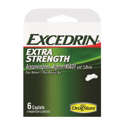 Image of Vegas Party Favors Excedrin Extra Strength box with 6 caplets for effective migraine relief, featuring acetaminophen, aspirin (NSAID), and caffeine. The brand logo and Pain Reliever/Pain Reliever Aid are prominently displayed.