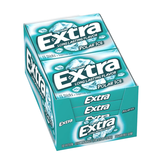 Image of a box containing 10 packs of Vegas Party Favors EXTRA Gum, each with 15 sticks labeled Polar Ice, featuring the Long Lasting Flavor tagline. The packs are stacked horizontally, highlighting the brand logo and flavor on a refreshing teal backdrop.