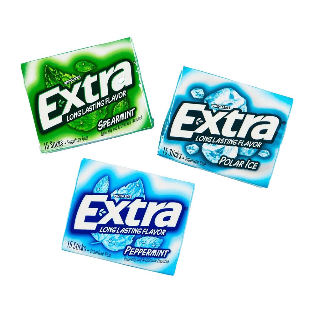 The Extra Sugar Free Chewing Gum by Vegas Party Favors includes three single packs: Spearmint (green), Polar Ice (white), and Peppermint (blue). Each pack contains 15 sticks and is labeled long lasting flavor.