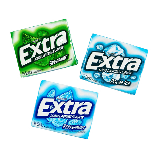 The Extra Sugar Free Chewing Gum by Vegas Party Favors includes three single packs: Spearmint (green), Polar Ice (white), and Peppermint (blue). Each pack contains 15 sticks and is labeled long lasting flavor.