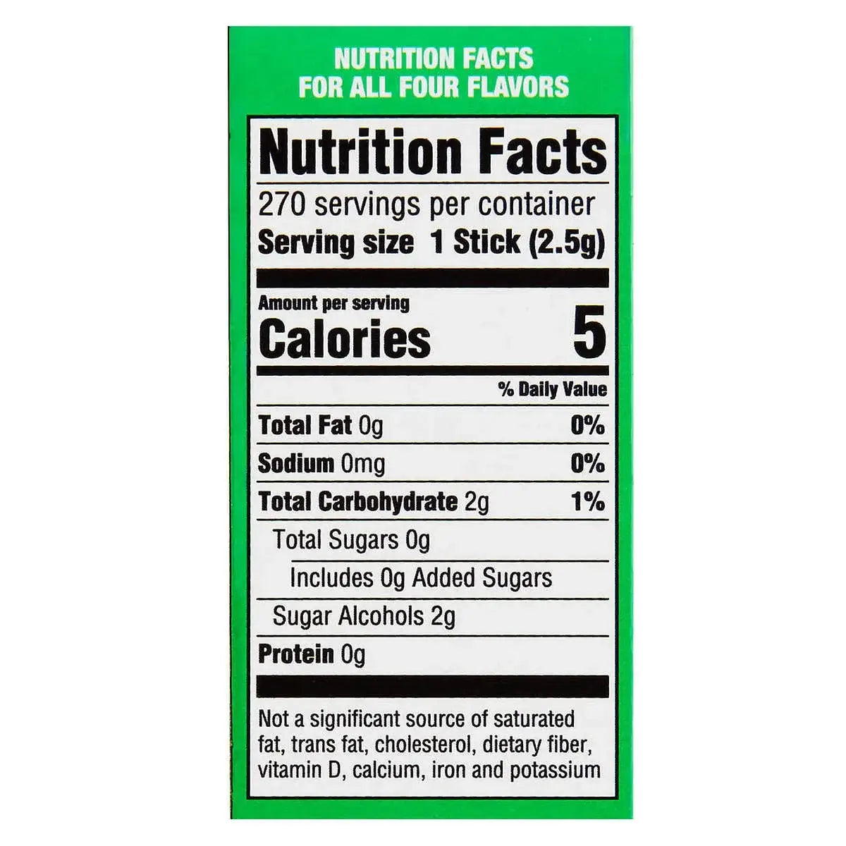 Close-up of the Extra Sugar Free Chewing Gum Single Pack nutrition label from Vegas Party Favors: 270 sticks per container, 5 calories per 2.5g stick, with 0g fat, 0mg sodium, 2g carbs, 0g protein, and 2g sugar alcohol. Not a significant source of other nutrients.