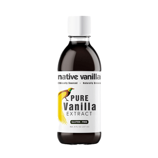 An 8 oz bottle of Native Vanilla Pure Vanilla Extract from Vegas Party Favors features a clean label with Ethically Sourced, Naturally Grown, and Gluten-Free. The white cap bottle is adorned with a bird illustration.