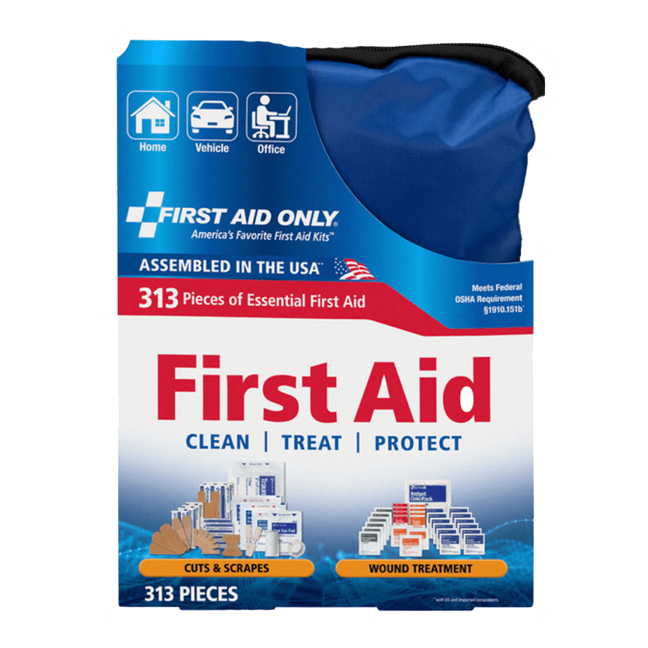 The Vegas Party Favors First Aid Only, Home & Go First Aid Kit features 313 pieces for home and vehicle use, offering cleaning, treatment, protection, and pain relief. Assembled in the USA to meet OSHA standards, its clear-pocket design ensures easy access to supplies for cuts and scrapes in a blue/white design.