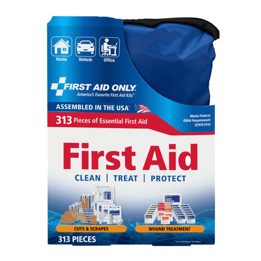 The Vegas Party Favors First Aid Only, Home & Go First Aid Kit features 313 pieces for home and vehicle use, offering cleaning, treatment, protection, and pain relief. Assembled in the USA to meet OSHA standards, its clear-pocket design ensures easy access to supplies for cuts and scrapes in a blue/white design.