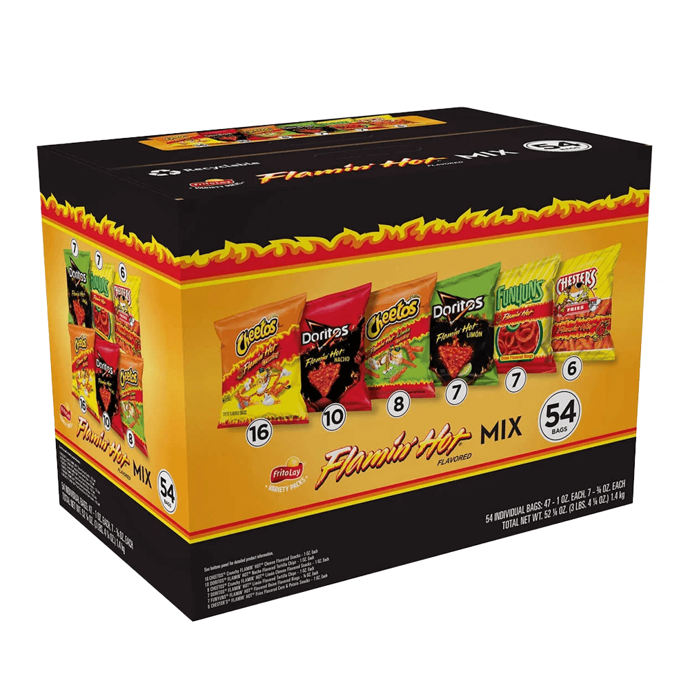 The Vegas Party Favors Frito-Lay Flamin Hot Mix Variety Pack includes 54 bags featuring Cheetos, Doritos, and Funyuns. The packaging is red, yellow, and black with flame graphics highlighting the spicy Crunchy Cheese flavor theme.