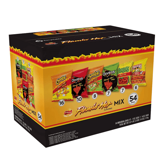 The Vegas Party Favors Frito-Lay Flamin Hot Mix Variety Pack includes 54 bags featuring Cheetos, Doritos, and Funyuns. The packaging is red, yellow, and black with flame graphics highlighting the spicy Crunchy Cheese flavor theme.