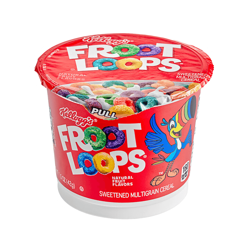 The Vegas Party Favors small red container of Kelloggs Froot Loops Cereal Single-Serve Cup (1.5 oz) offers a vibrant, nutritious breakfast with colorful loops, featuring the cartoon toucan mascot and the text Sweetened Multigrain Cereal emphasizing natural flavors.