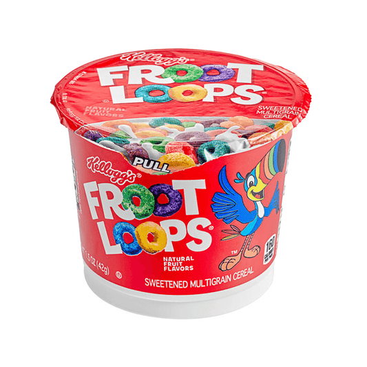 The Vegas Party Favors small red container of Kelloggs Froot Loops Cereal Single-Serve Cup (1.5 oz) offers a vibrant, nutritious breakfast with colorful loops, featuring the cartoon toucan mascot and the text Sweetened Multigrain Cereal emphasizing natural flavors.