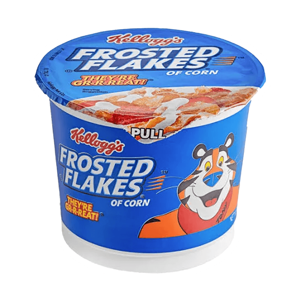 The 2.1 oz single-serve cup of Kelloggs Frosted Flakes by Vegas Party Favors has a blue design with Tony the Tiger and the slogan Theyre Gr-r-reat! Its perfect for a nutritious breakfast and includes a pull tab for easy opening.