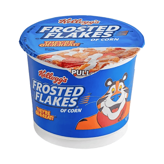 The 2.1 oz single-serve cup of Kelloggs Frosted Flakes by Vegas Party Favors has a blue design with Tony the Tiger and the slogan Theyre Gr-r-reat! Its perfect for a nutritious breakfast and includes a pull tab for easy opening.