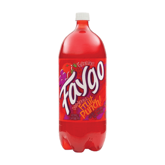 A 24oz bottle of Faygo Soda by Vegas Party Favors, in multiple flavors, features a vibrant red label with brand and flavor text in white and yellow. Complete with a white cap, this red soda is great for lively gatherings.