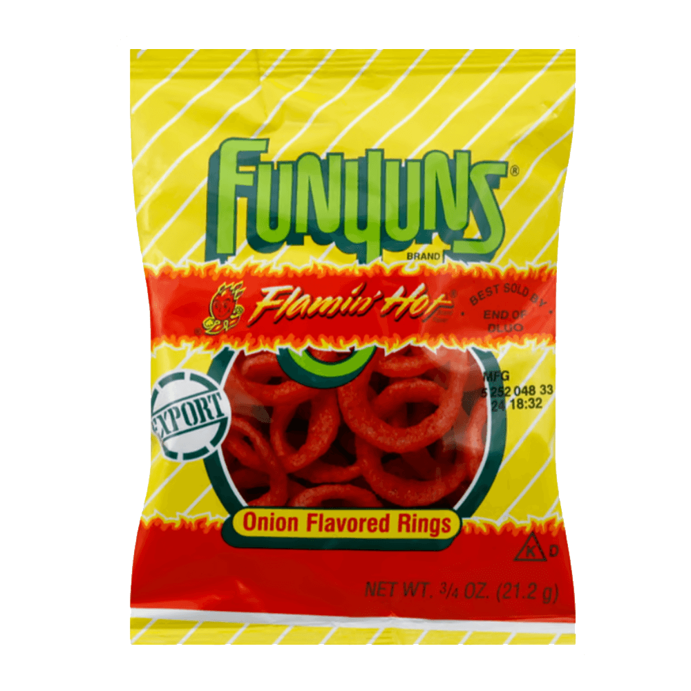 A 0.75 oz bag of Vegas Party Favors Funyuns Flamin Hot Onion Rings features a yellow and red package with the Funyuns logo and spicy onion rings image.