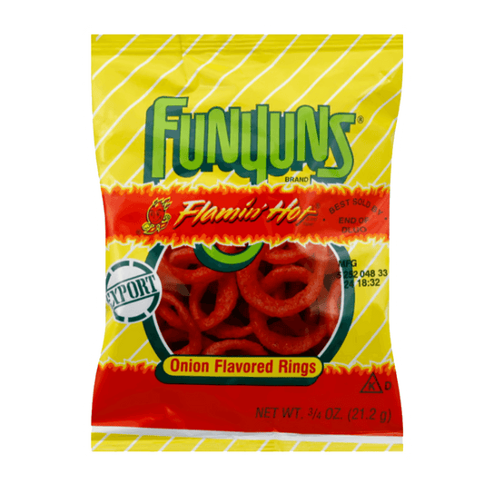 A 0.75 oz bag of Vegas Party Favors Funyuns Flamin Hot Onion Rings features a yellow and red package with the Funyuns logo and spicy onion rings image.