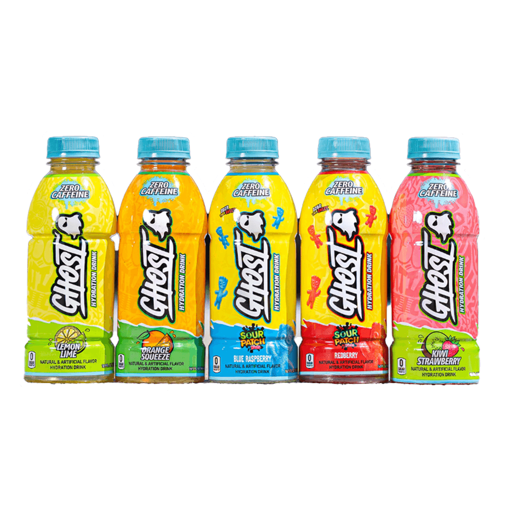 Five colorful bottles of Ghost Hydration from Vegas Party Favors are lined up, featuring flavors like Lemon Lime, Orange Squeeze, Sour Patch Kids Blue Raspberry, Redberry, and Sour Watermelon. These vegan-friendly drinks are caffeine-free, sugar-free, and packed with electrolytes for a refreshing boost.