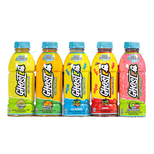 Five colorful bottles of Ghost Hydration from Vegas Party Favors are lined up, featuring flavors like Lemon Lime, Orange Squeeze, Sour Patch Kids Blue Raspberry, Redberry, and Sour Watermelon. These vegan-friendly drinks are caffeine-free, sugar-free, and packed with electrolytes for a refreshing boost.