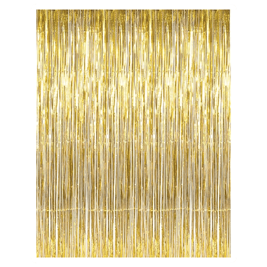 The Vegas Party Favors GOER Metallic Tinsel Foil Fringe Curtains, measuring 6.4 ft x 9.8 ft, hang vertically as a sparkling party backdrop. With closely arranged golden strands, this pack of 2 enhances any event with a festive and glamorous appearance ideal for birthdays or New Year celebrations.