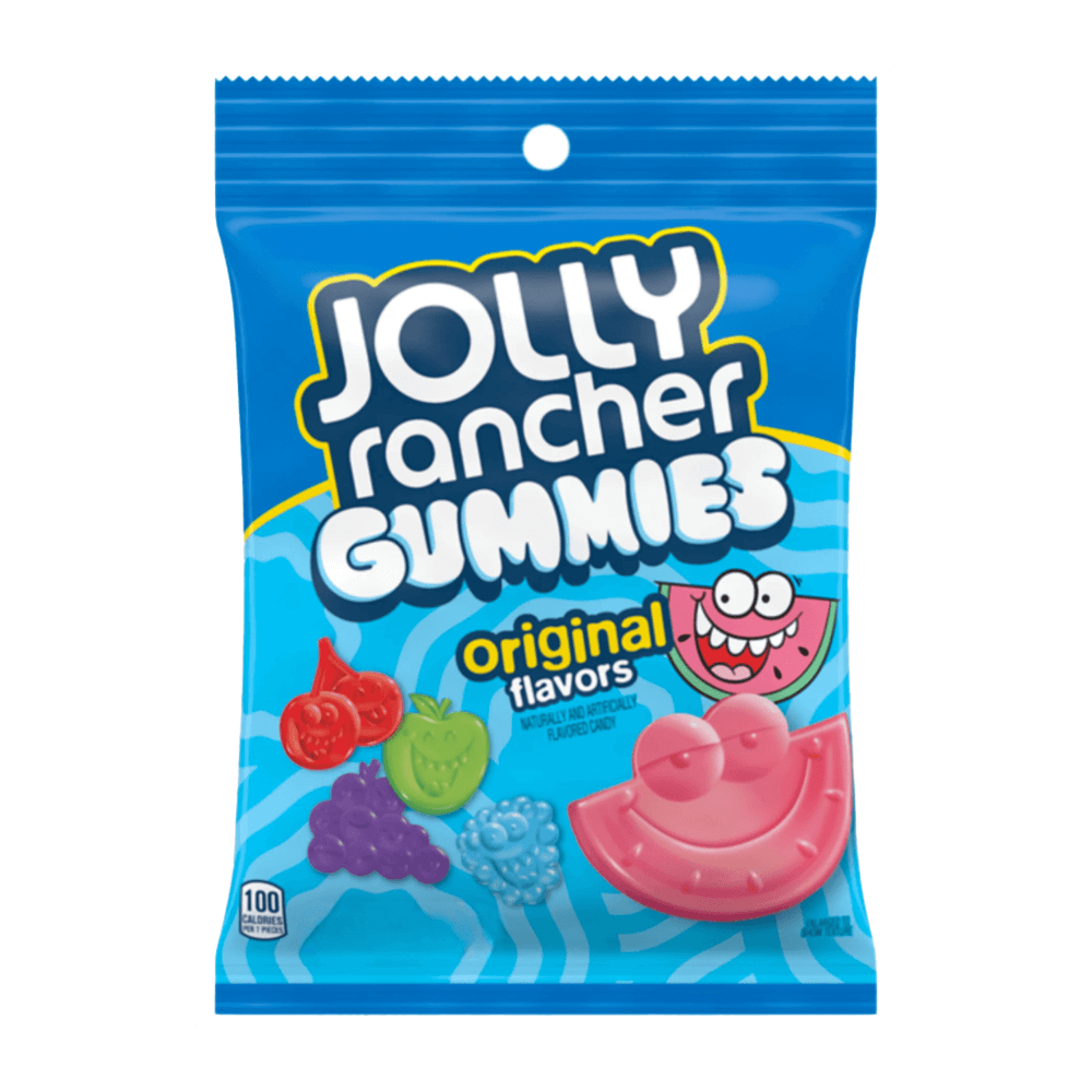 A 7oz bag of Jolly Rancher Gummies by Vegas Party Favors in original flavors features a blue package with images of gummy candies like cherries, grapes, green apple, blue raspberry, and a smiling watermelon slice.