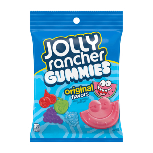 A 7oz bag of Jolly Rancher Gummies by Vegas Party Favors in original flavors features a blue package with images of gummy candies like cherries, grapes, green apple, blue raspberry, and a smiling watermelon slice.