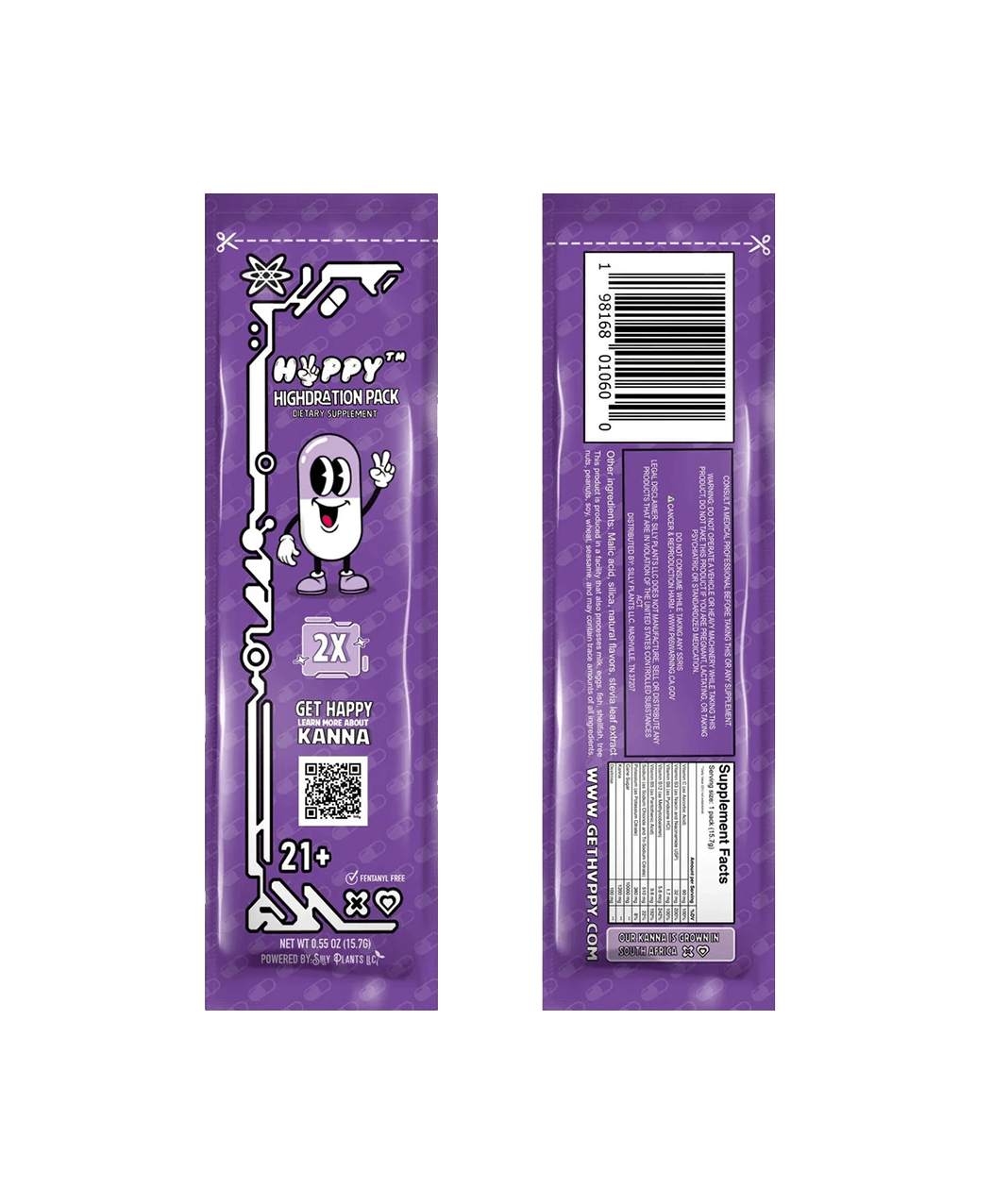 Front and back view of a purple HVPPY™ HIGHDration 2X sachet from Vegas Party Favors, highlighting Kannas calming essence. The front features a smiling character with Get Happy and KANNA. The back includes a barcode, product info, QR code, and allergen warnings for 21+ premium hydration fans.