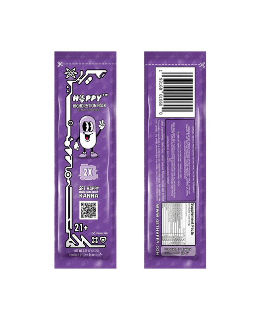 Front and back view of a purple HVPPY™ HIGHDration 2X sachet from Vegas Party Favors, highlighting Kannas calming essence. The front features a smiling character with Get Happy and KANNA. The back includes a barcode, product info, QR code, and allergen warnings for 21+ premium hydration fans.