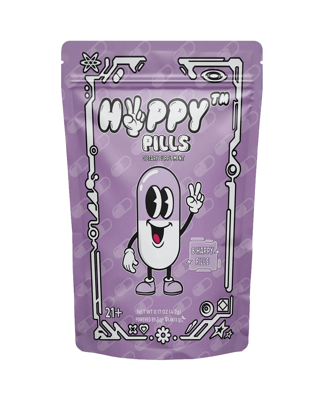 The HVPPY™ Pills by Vegas Party Favors come in vibrant purple packaging, featuring a cheerful cartoon pill flashing a peace sign. It includes dosage details and 21+ age restriction, with pills and geometric shapes suggesting its mood-boosting promise with proprietary extract.