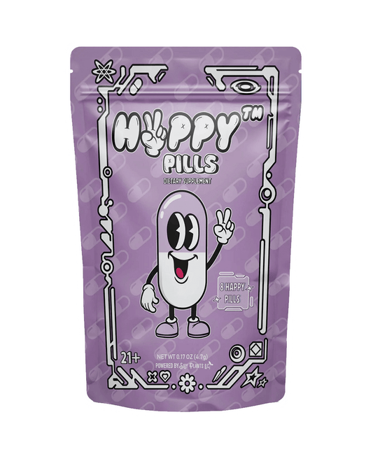 The HVPPY™ Pills by Vegas Party Favors come in vibrant purple packaging, featuring a cheerful cartoon pill flashing a peace sign. It includes dosage details and 21+ age restriction, with pills and geometric shapes suggesting its mood-boosting promise with proprietary extract.