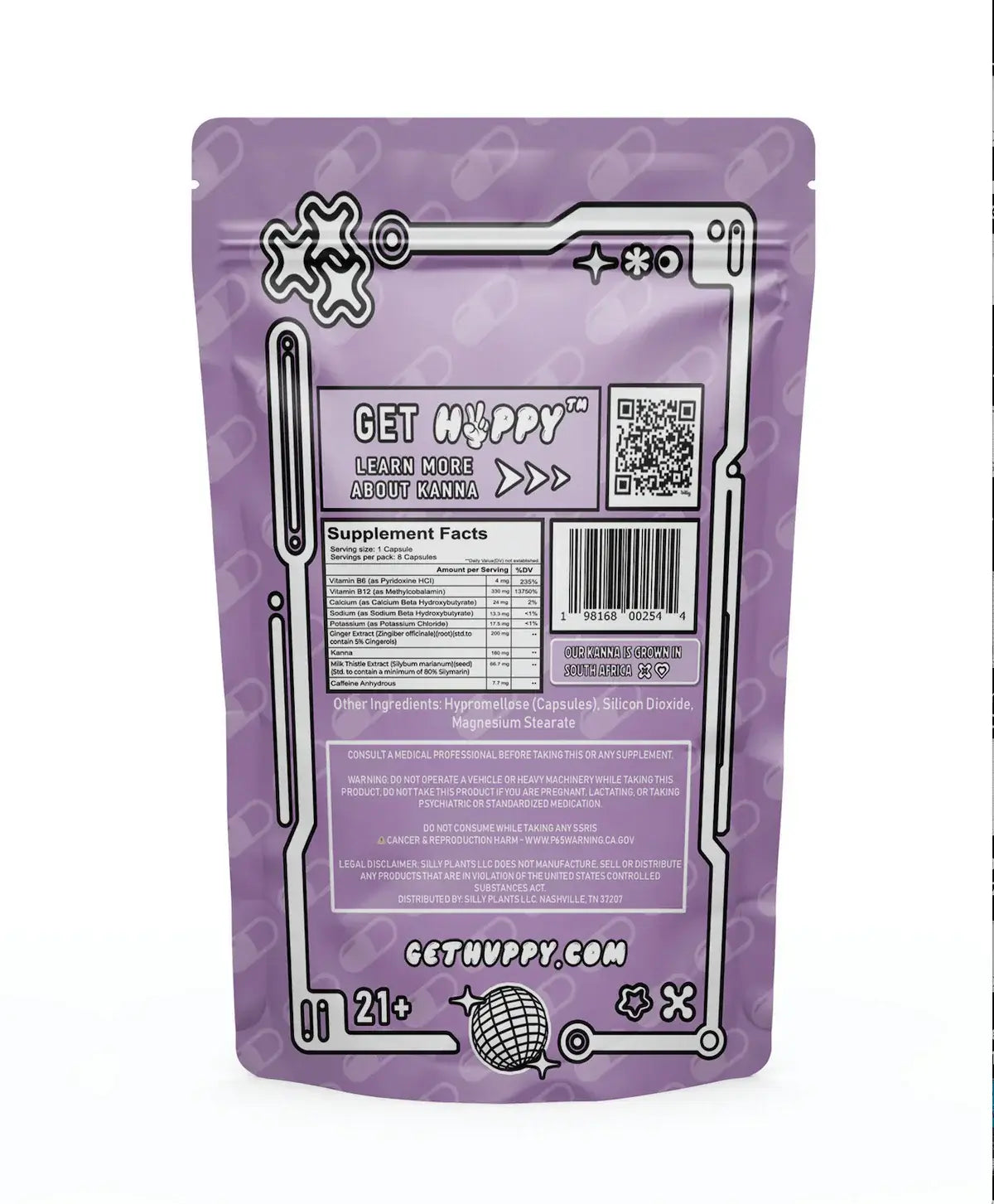 A purple resealable bag with white futuristic designs showcases a QR code and Get Hvppy. HVPPY™ Pills Micro Dose by Vegas Party Favors promise a boosted mood and energy. Supplement facts are on the back, with gethvppy.com at the bottom.