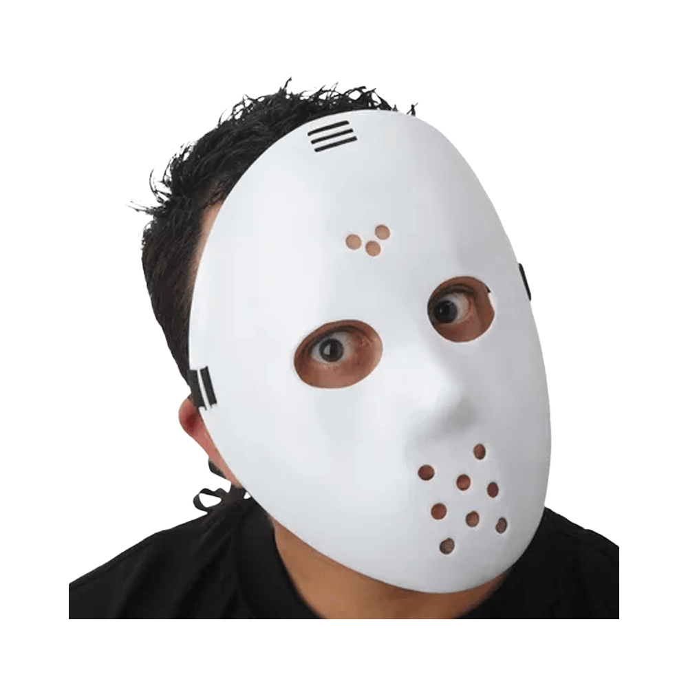 A person wears a Vegas Party Favors Hockey Mask with small holes and black adjustable t-straps, their eyes visible through it. Against a plain white background, theyre dressed in black. The masks one size fits most design ensures comfort and security.