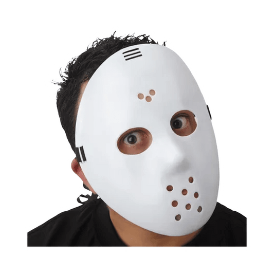 A person wears a Vegas Party Favors Hockey Mask with small holes and black adjustable t-straps, their eyes visible through it. Against a plain white background, theyre dressed in black. The masks one size fits most design ensures comfort and security.