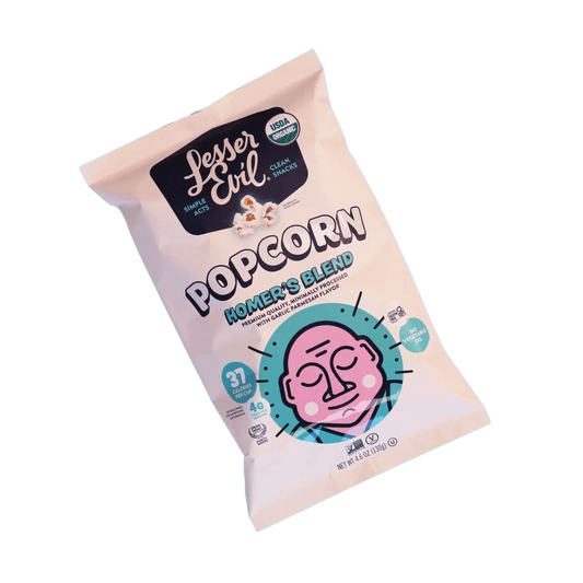 A pastel-colored bag of Vegas Party Favors LesserEvil Organic Popcorn, featuring the name Homers Blend, highlights 37 calories per cup, USDA organic, and clean snacks with a stylized cartoon face on the front.