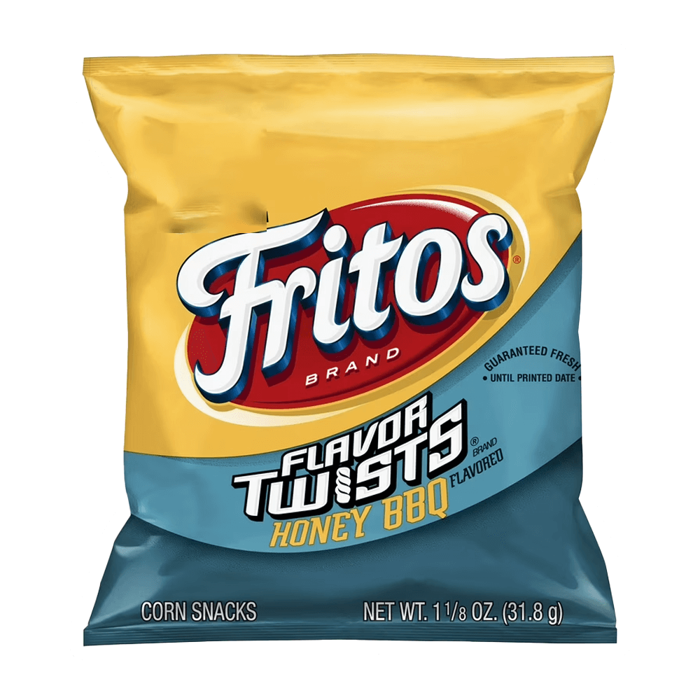 A 1 oz bag of Fritos® Flavor Twists® Honey BBQ Corn Chips from Vegas Party Favors features corn chips in yellow packaging with blue accents and the iconic logo.