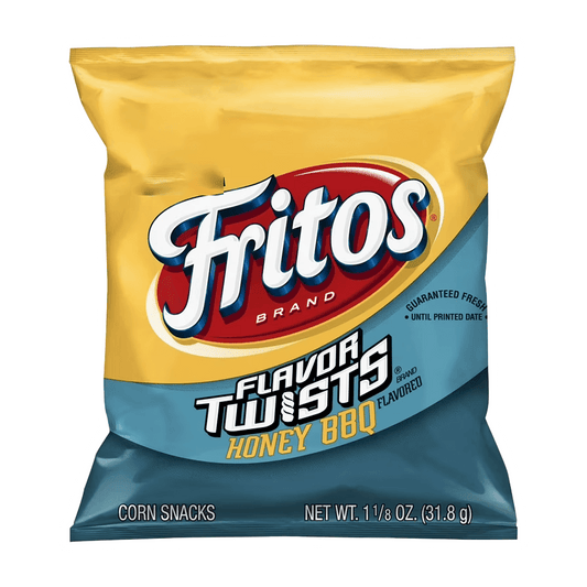 A 1 oz bag of Fritos® Flavor Twists® Honey BBQ Corn Chips from Vegas Party Favors features corn chips in yellow packaging with blue accents and the iconic logo.