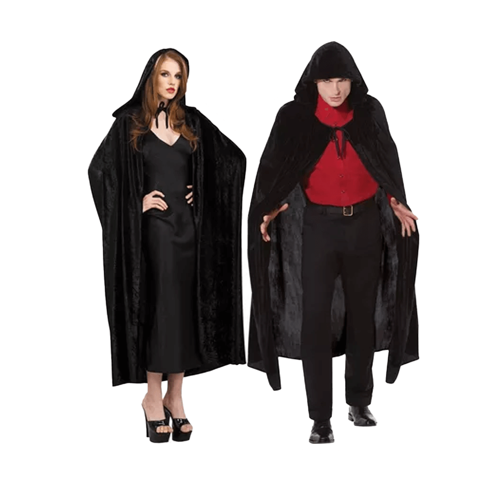 A woman and man in Adult Crushed Velvet Hooded Cloaks Deluxe by Vegas Party Favors exude mystery. The woman pairs hers with a long black dress and heels, while the man opts for a red shirt and black pants. Their serious expressions contrast against the white background.