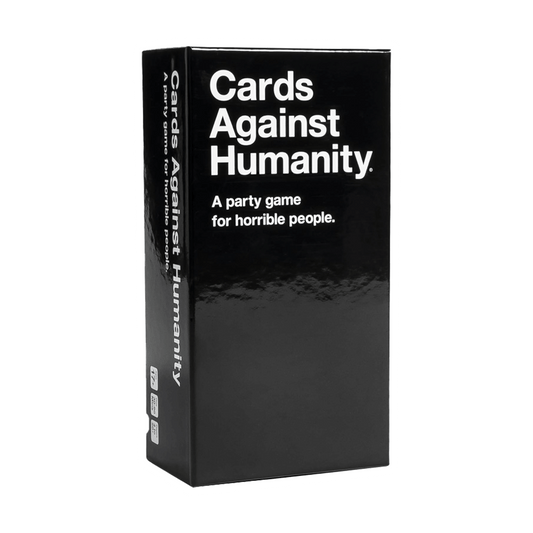 A vertical black box of Cards Against Humanity by Vegas Party Favors features white text saying, A party game for horrible people, popular for endless replayability and simple rules.