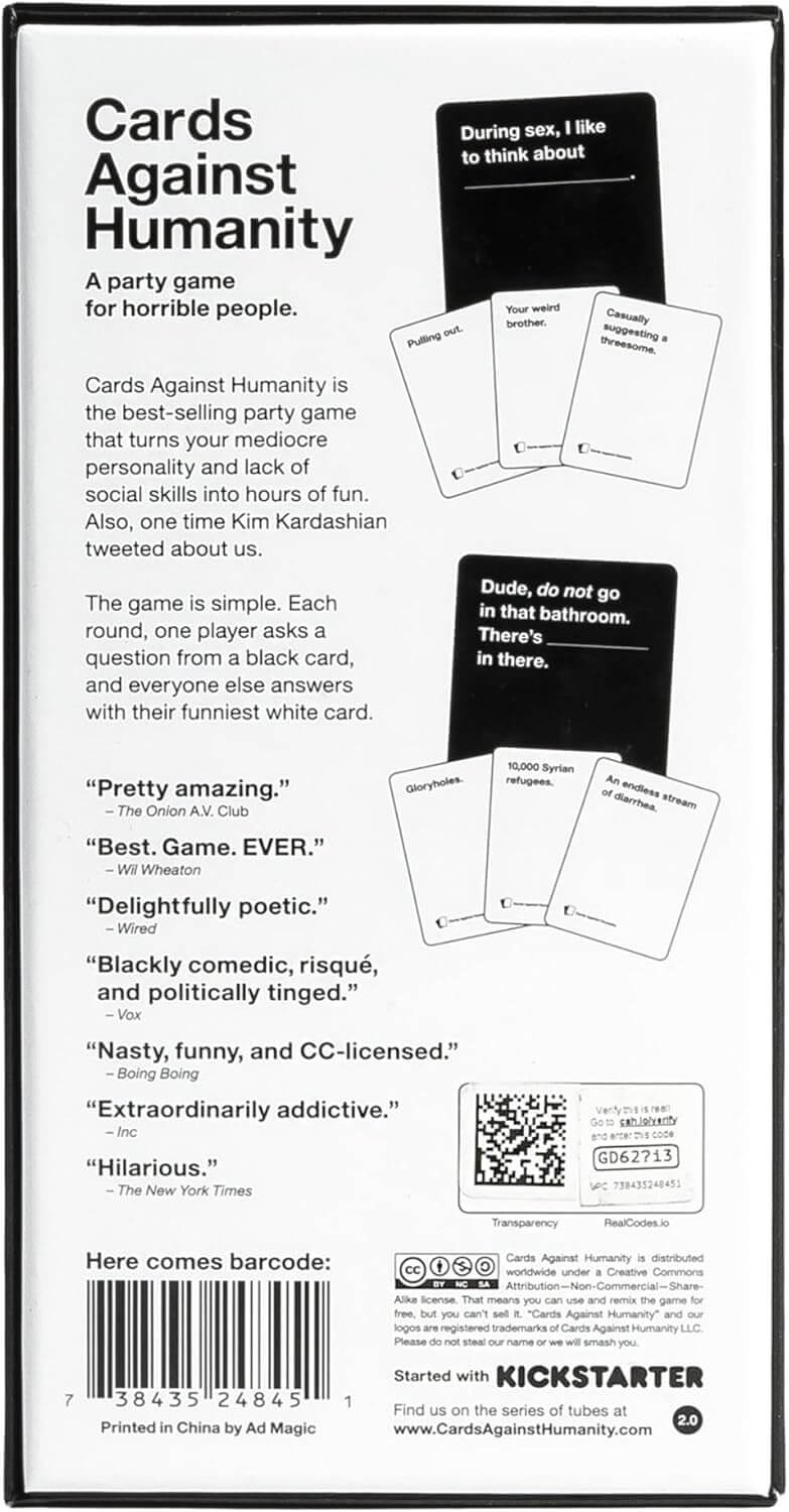 The back of the Cards Against Humanity box from Vegas Party Favors features sample cards, praise quotes, a barcode, and website details on a white background. It highlights the games humorous and edgy nature with endless replayability that fans adore.