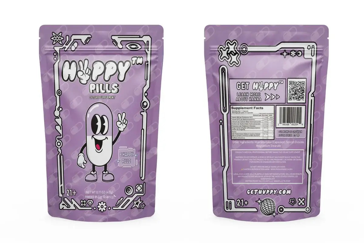 The HVPPY™ Pills Micro Dose by Vegas Party Favors come in a purple package with a cartoon pill character, offering mood and energy boosts. Eye-catching graphics and text are on the front, while the back includes nutritional facts and a QR code for an enhanced sensory experience.