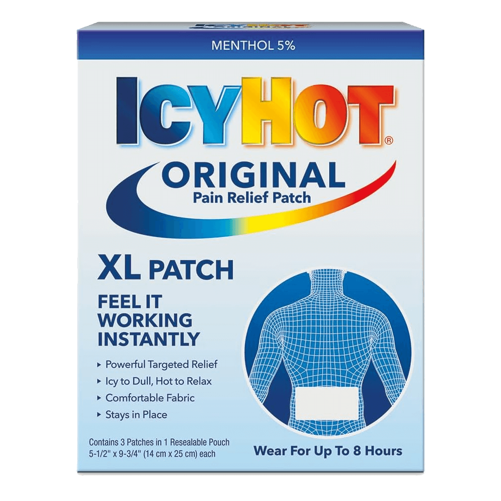 The packaging for Vegas Party Favors Icy Hot Extra Strength Medicated Patch, XL Back & Large Areas, features 5% menthol pain relief with powerful targeted comfort and up to 8 hours of effectiveness, along with imagery and text highlighting its benefits.