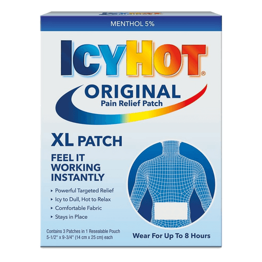 The packaging for Vegas Party Favors Icy Hot Extra Strength Medicated Patch, XL Back & Large Areas, features 5% menthol pain relief with powerful targeted comfort and up to 8 hours of effectiveness, along with imagery and text highlighting its benefits.