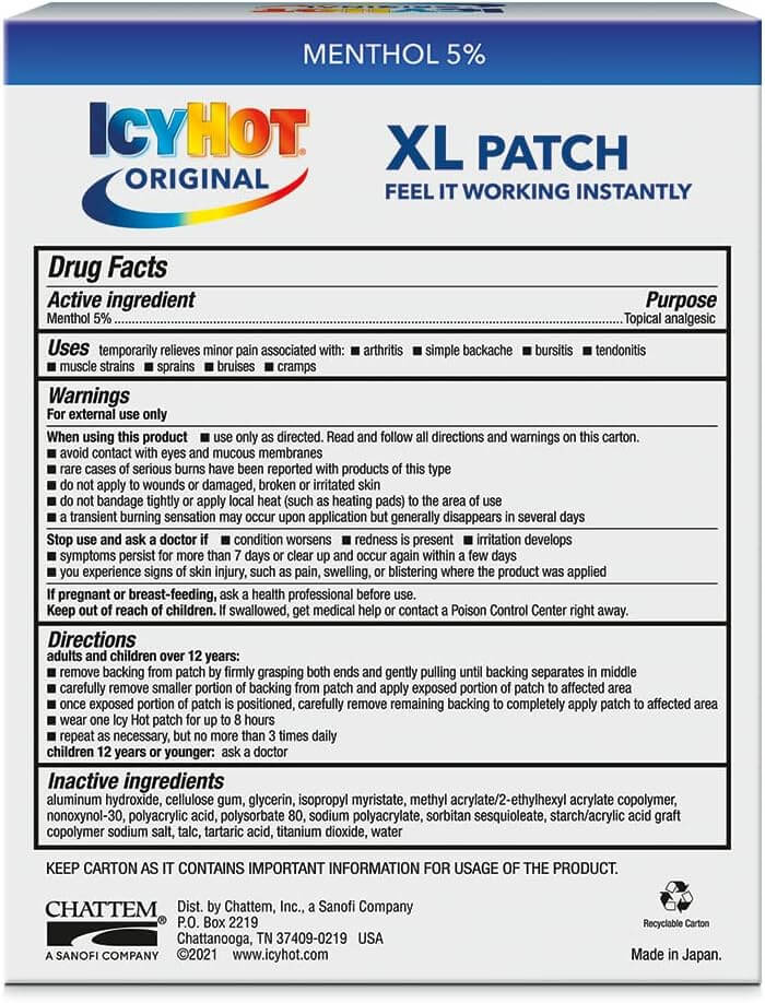 The packaging for Icy Hot Extra Strength Medicated Patch, XL includes drug facts, warnings, and usage directions for temporary relief of arthritis, backache, and sore muscles. Manufactured by Vegas Party Favors, it contains three patches in one pack.