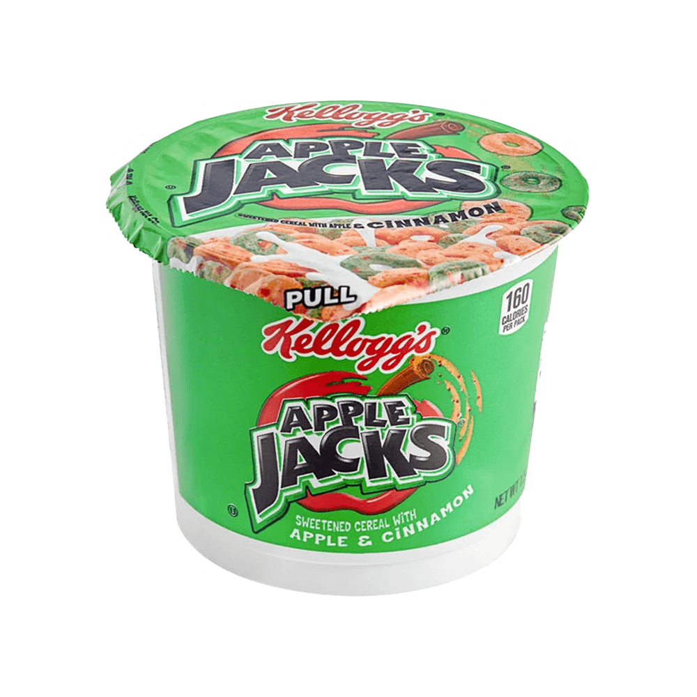 The 1.5 oz green plastic cup of Vegas Party Favors-branded Kelloggs Apple Jacks cereal offers a tasty cinnamon flavor and nutritious breakfast, featuring the Apple Jacks logo, a convenient pull tab, and 160 calories per serving.