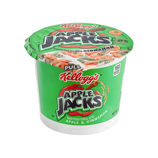 The 1.5 oz green plastic cup of Vegas Party Favors-branded Kelloggs Apple Jacks cereal offers a tasty cinnamon flavor and nutritious breakfast, featuring the Apple Jacks logo, a convenient pull tab, and 160 calories per serving.