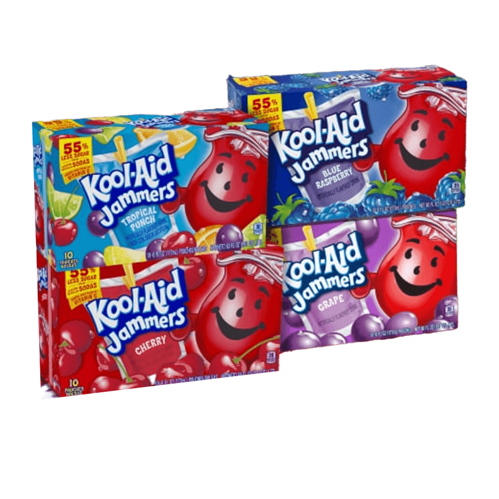 Enjoy four boxes of Kool-Aid Jammers 10 Pack from Vegas Party Favors, available in cherry, tropical punch, grape, and blue raspberry flavors. The boxes feature the smiling Kool-Aid Man and deliver a refreshing artificially fruit-flavored drink with less sugar—perfect for summer!.