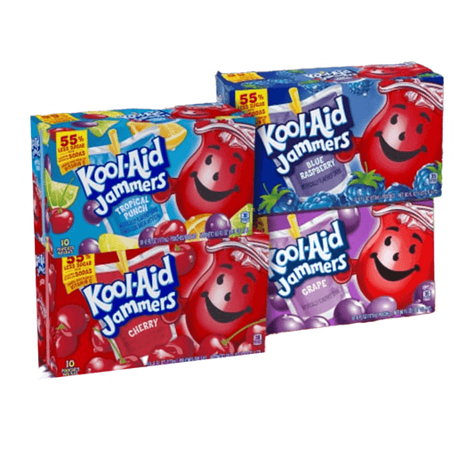 Enjoy four boxes of Kool-Aid Jammers 10 Pack from Vegas Party Favors, available in cherry, tropical punch, grape, and blue raspberry flavors. The boxes feature the smiling Kool-Aid Man and deliver a refreshing artificially fruit-flavored drink with less sugar—perfect for summer!.