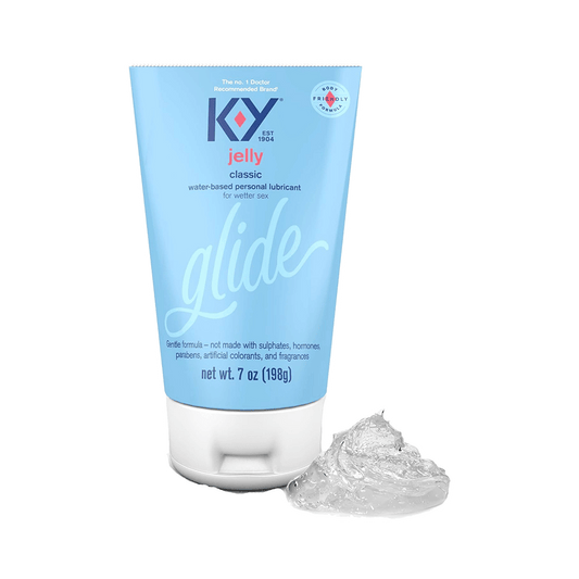 Beside the clear gel rests a tube of K-Y Jelly Classic Water-Based Lubricant, 7 FL OZ by Vegas Party Favors. Its packaging highlights it as the No. 1 doctor recommended brand, designed for optimal water-based lubrication.