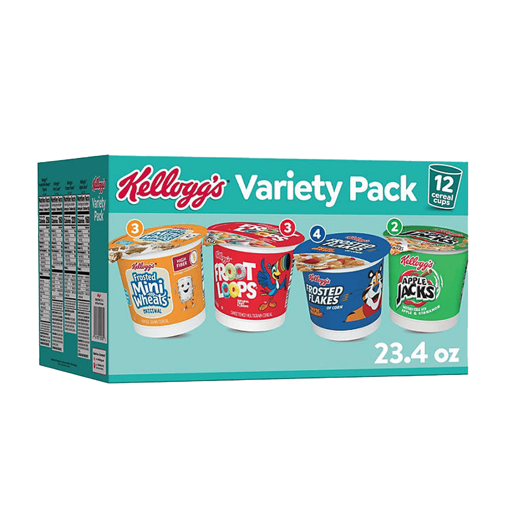 The Kelloggs 23.4 oz. Variety Pack by Vegas Party Favors includes 12 cups featuring a balanced selection of Frosted Mini-Wheats, Froot Loops, Frosted Flakes, and Apple Jacks for breakfast.