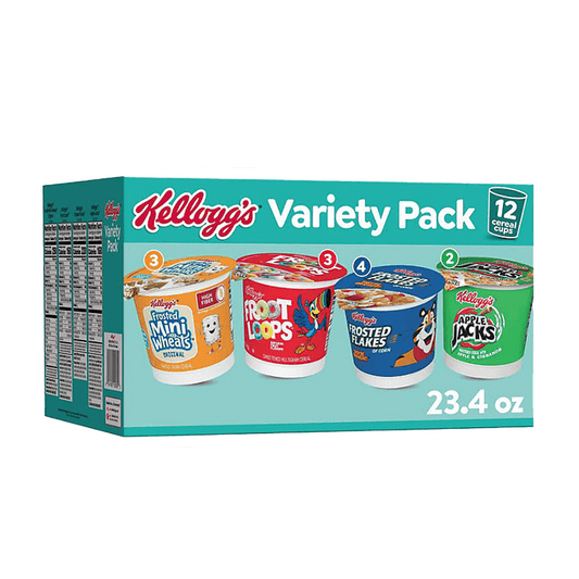 The Kelloggs 23.4 oz. Variety Pack by Vegas Party Favors includes 12 cups featuring a balanced selection of Frosted Mini-Wheats, Froot Loops, Frosted Flakes, and Apple Jacks for breakfast.